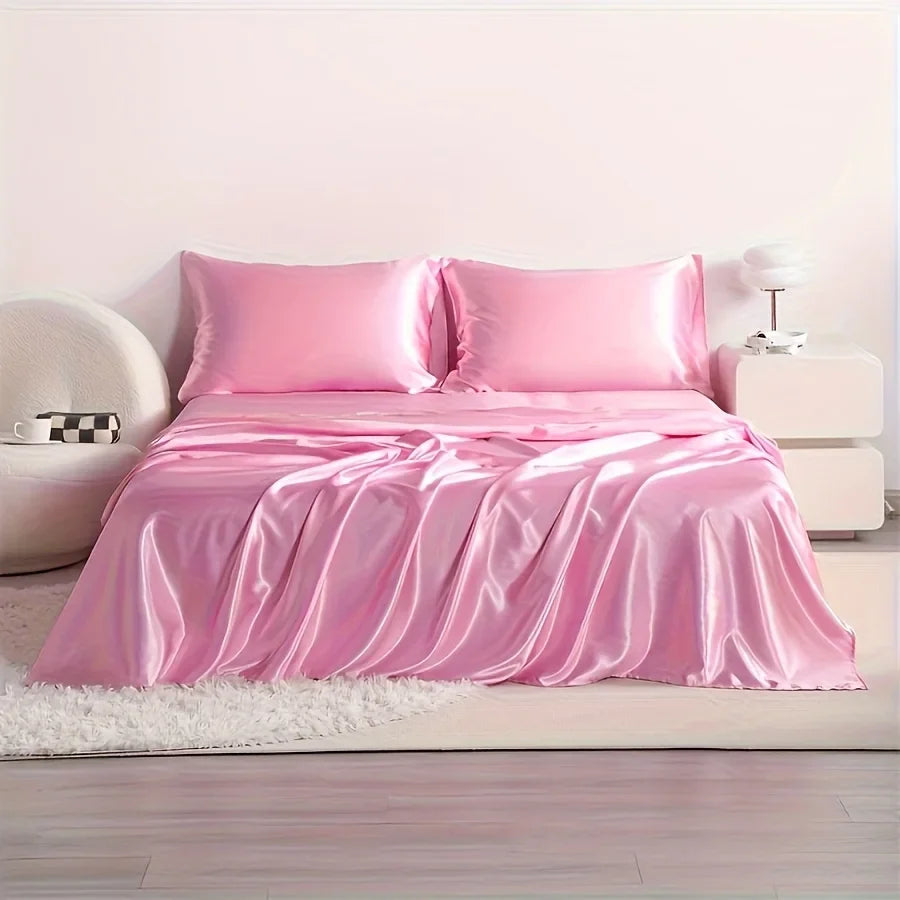 4-Piece Cooling Satin Bed Sheet Set – Breathable Hypoallergenic 500TC Flat Sheet, Fitted Sheet & 2 Pillowcases