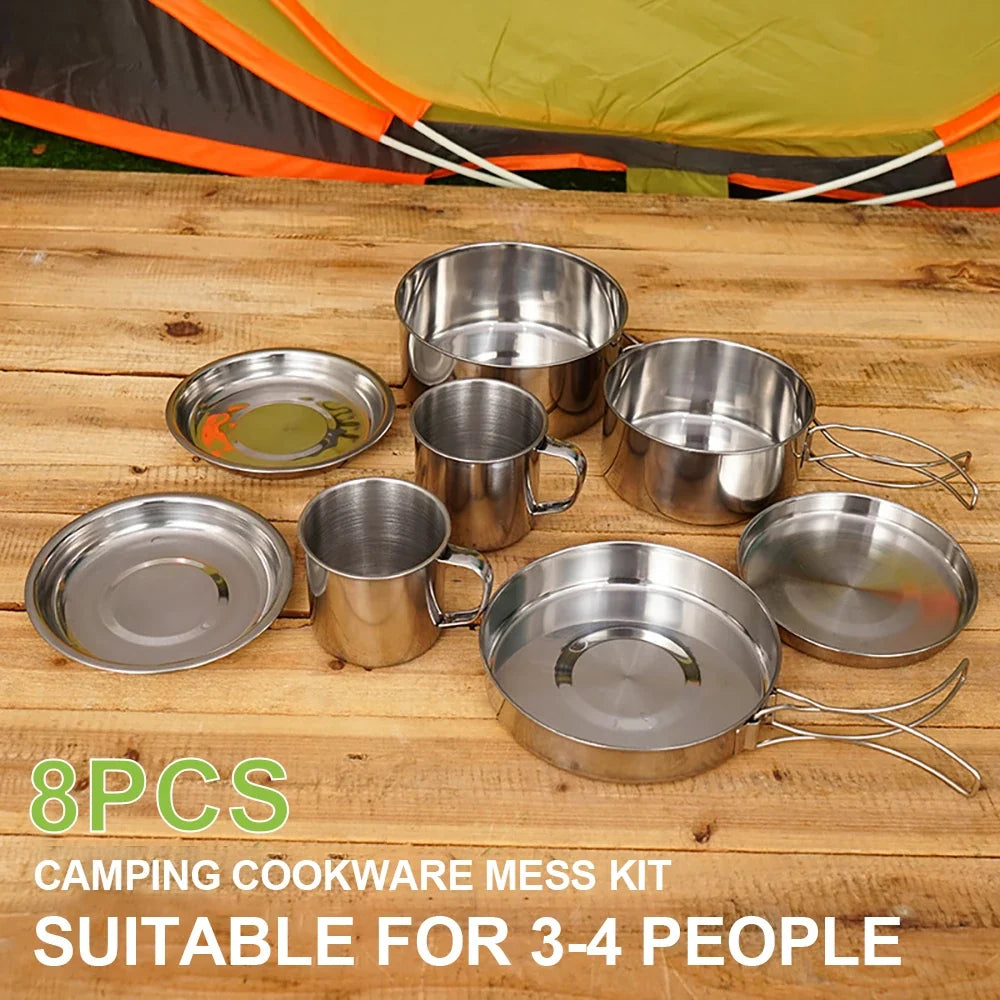8pcs/set Camping Cookware Mess Kit Stainless Steel Cooking Pot and Pan
