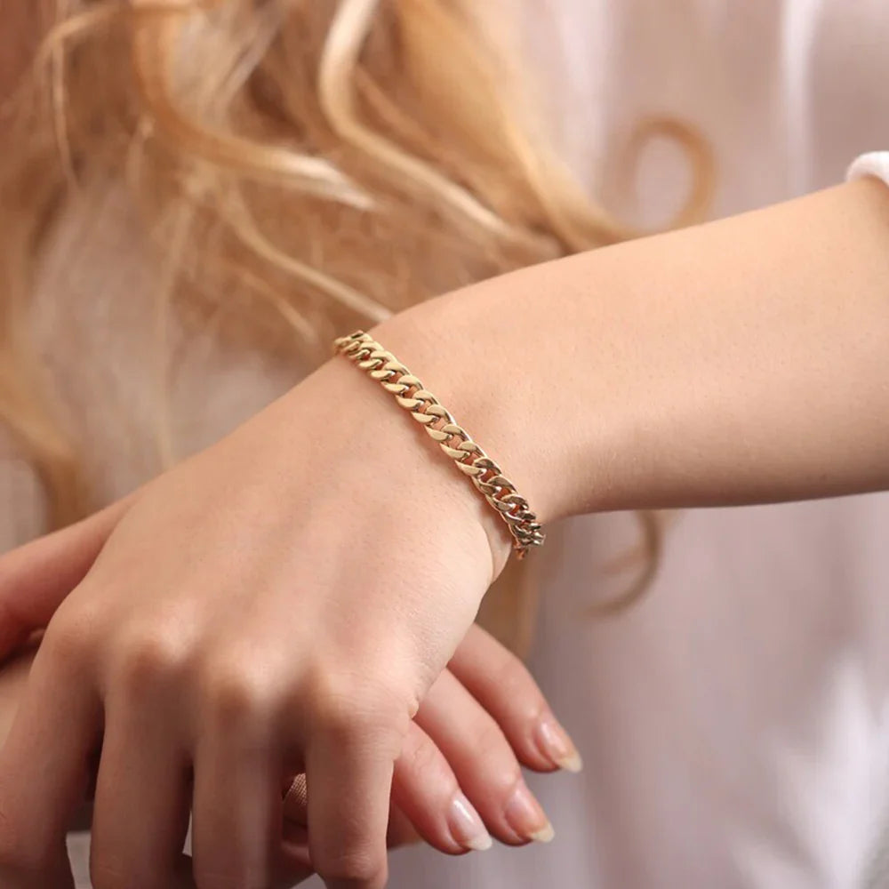 Stainless Steel Chain Bracelet Women, 3mm to 9mm Curb Cuban Chain Bangle Gold Color Unisex Wrist Stackable Jewelry