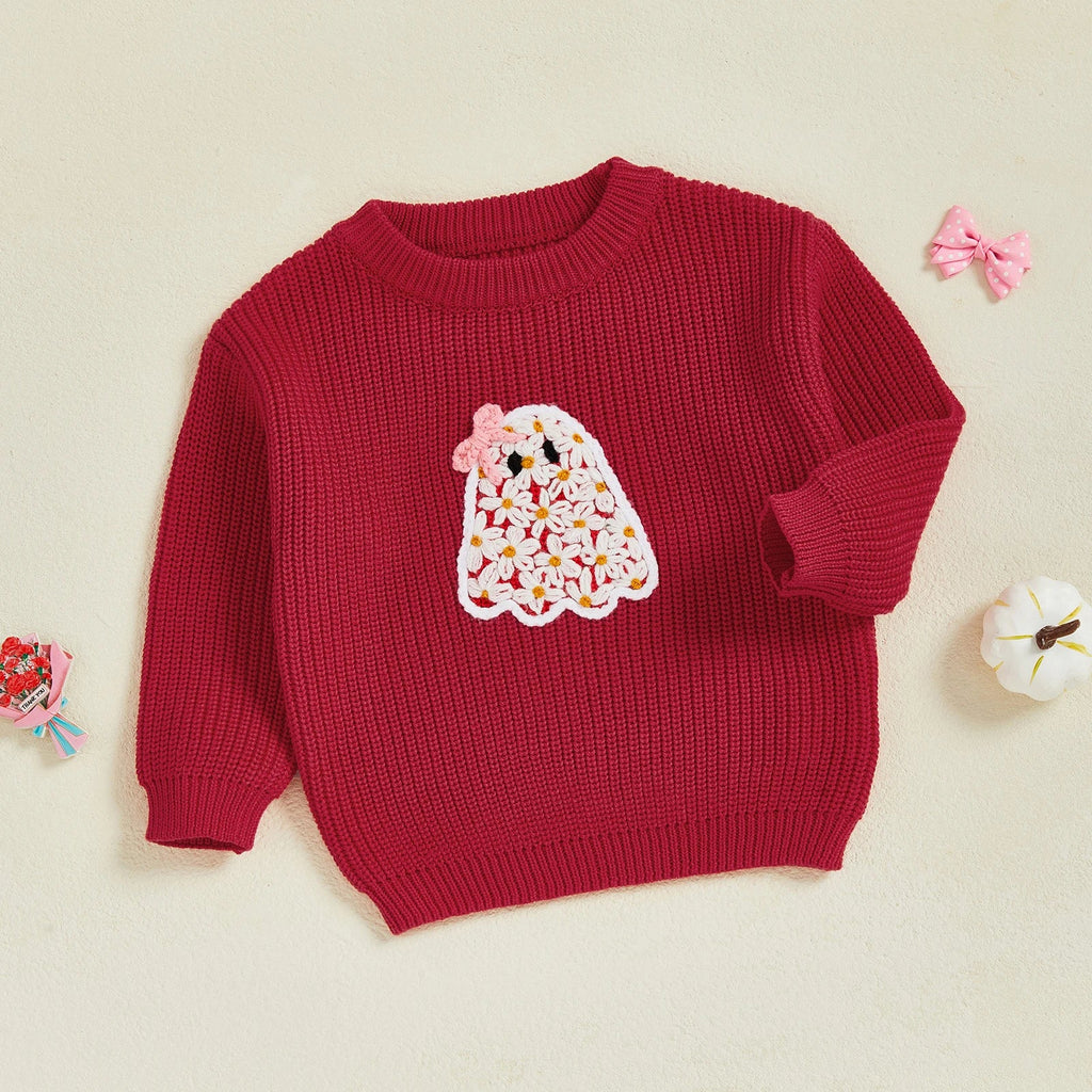 Baby Toddler Kids Girl Halloween Sweater Long Sleeve Round Neck Ghost Flower Embroidery Knit Pullover Top