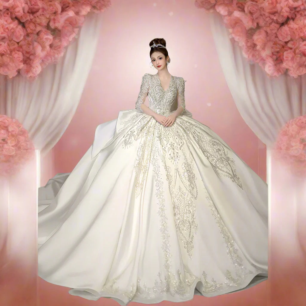 Luxury Classic Full sleeve Satin Wedding Dresses with Royal Train Customized