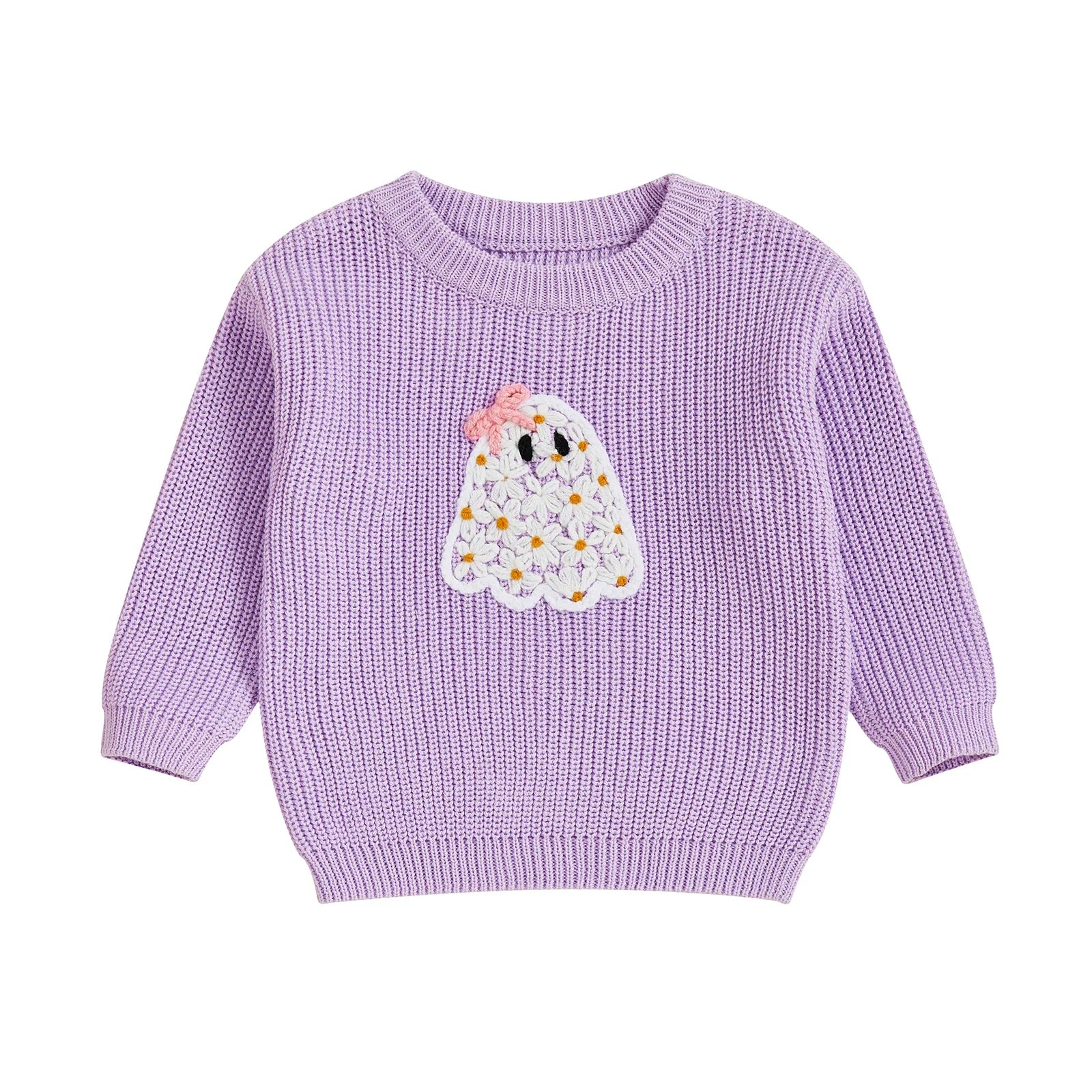 Baby Toddler Kids Girl Halloween Sweater Long Sleeve Round Neck Ghost Flower Embroidery Knit Pullover Top
