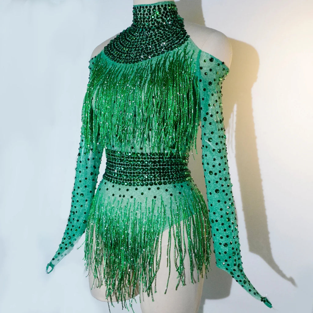 Rhinestone Tassel Mesh Performance Bodysuit