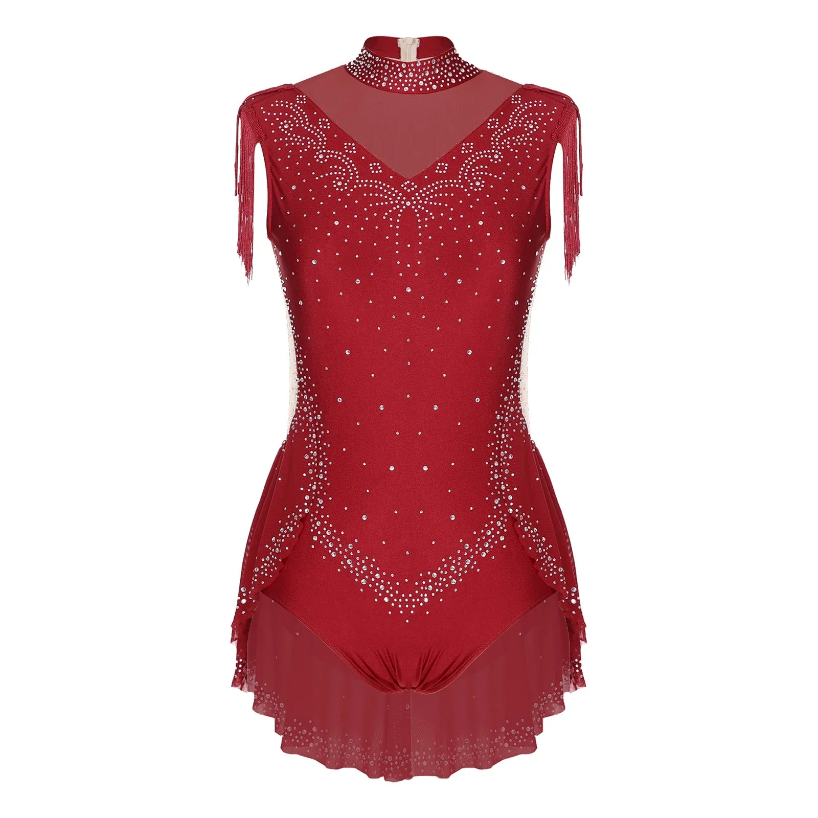 Rhinestone Mock Neck Mesh Tassel Leotard