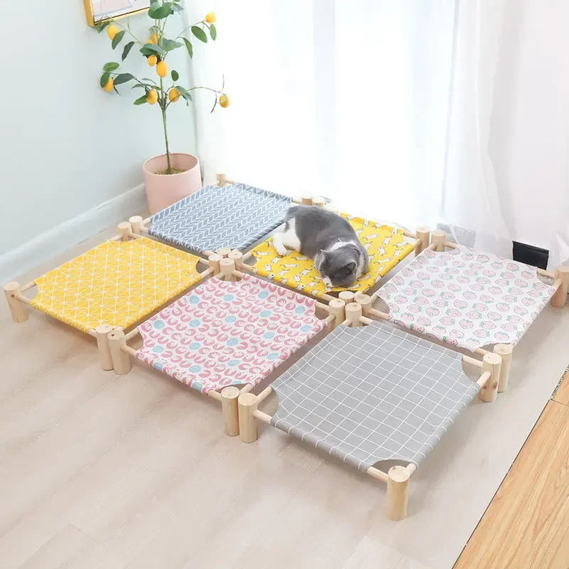 53*48*13cm Summer Elevated Pet Bed Foldable Portable Pet Camping Wooden Detachable Cat Teddy Dog March Bed Cooling Hammock ערסל