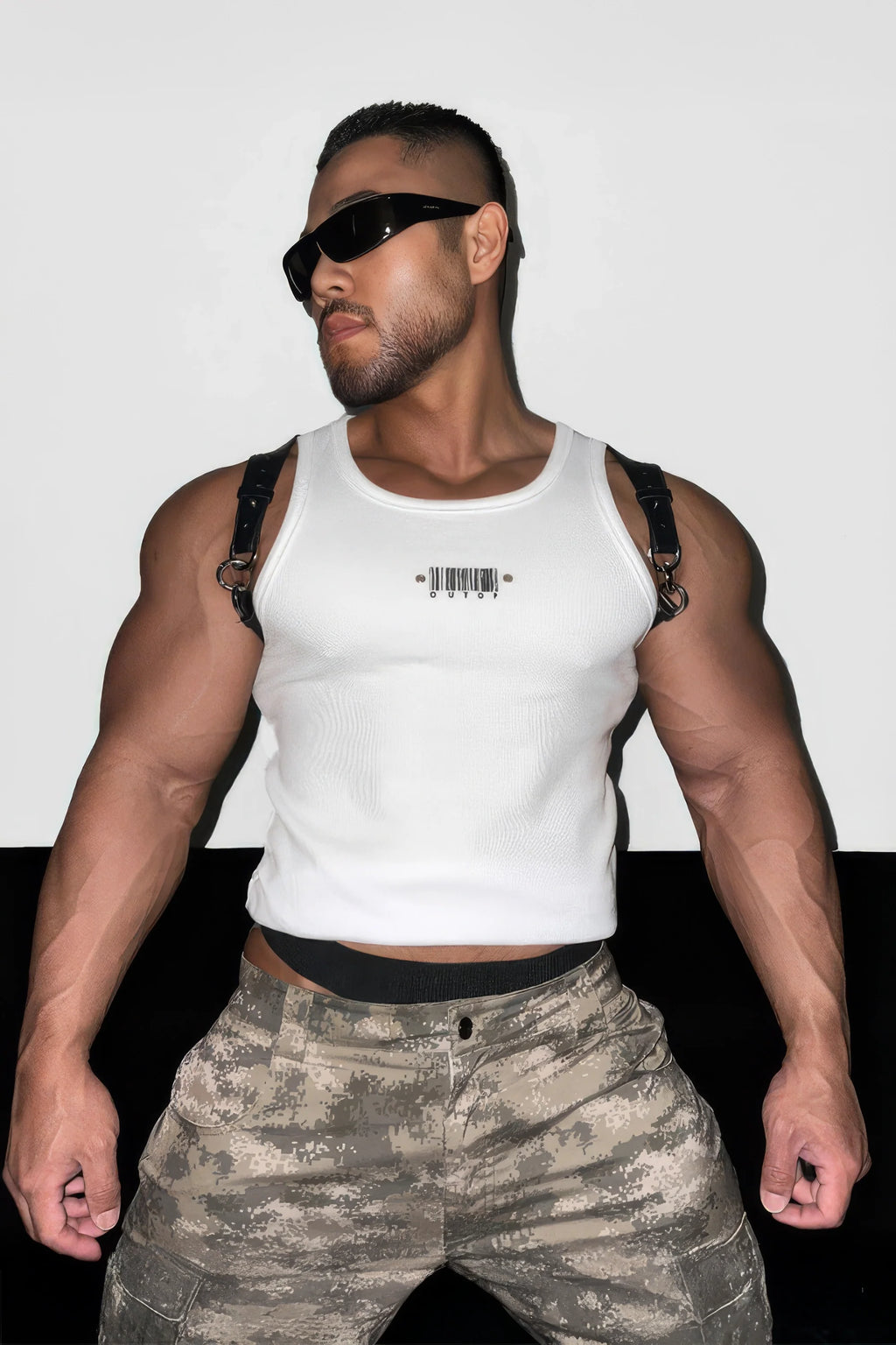 Men's Sleeveless Ribbed Tank with Stud Embroidery – Stretch Gym Wear