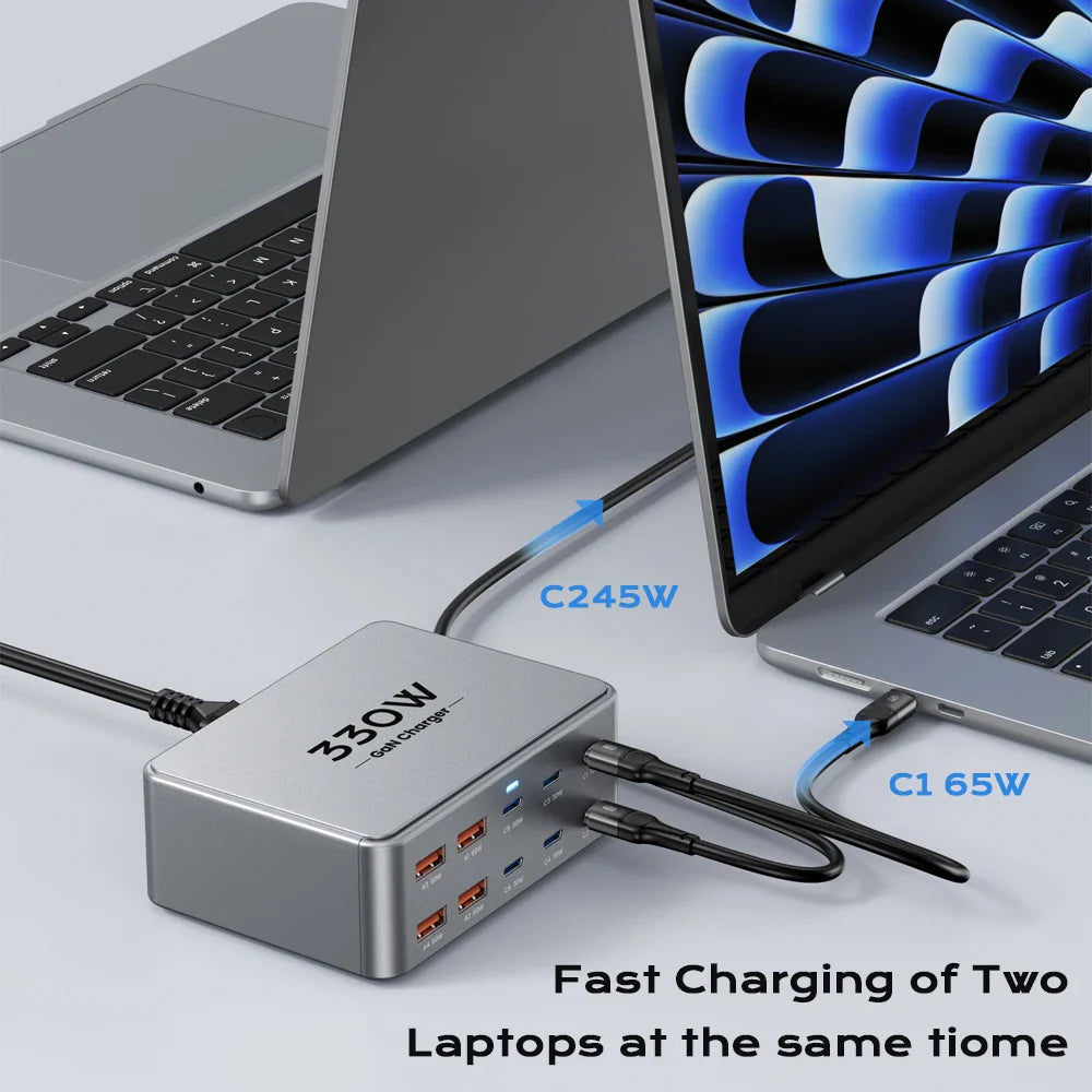 330W GaN 10-Port USB-C/USB-A Fast Charging Station 100W PD3.0 PPS QC3.0 Multiport Charger for Laptops, Smartphones & Tablets