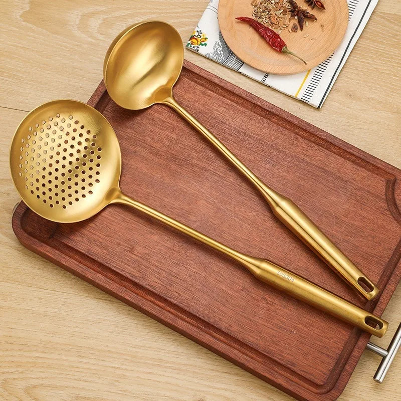 1/7Pcs Stainless Steel Kitchenware - Gold Soup Spoon Noodle Colander Hot Pot Spoon Rice Spoon Kitchen Cooking Frying Tool