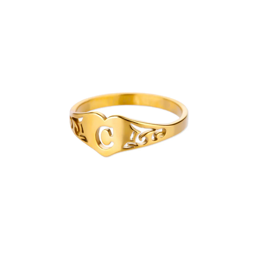 Fashion Hollow Initial Letter Heart Rings For Women Gold Color Stainless Steel A-Z Letter Ring Aesthetic Wedding Jewelry Gift