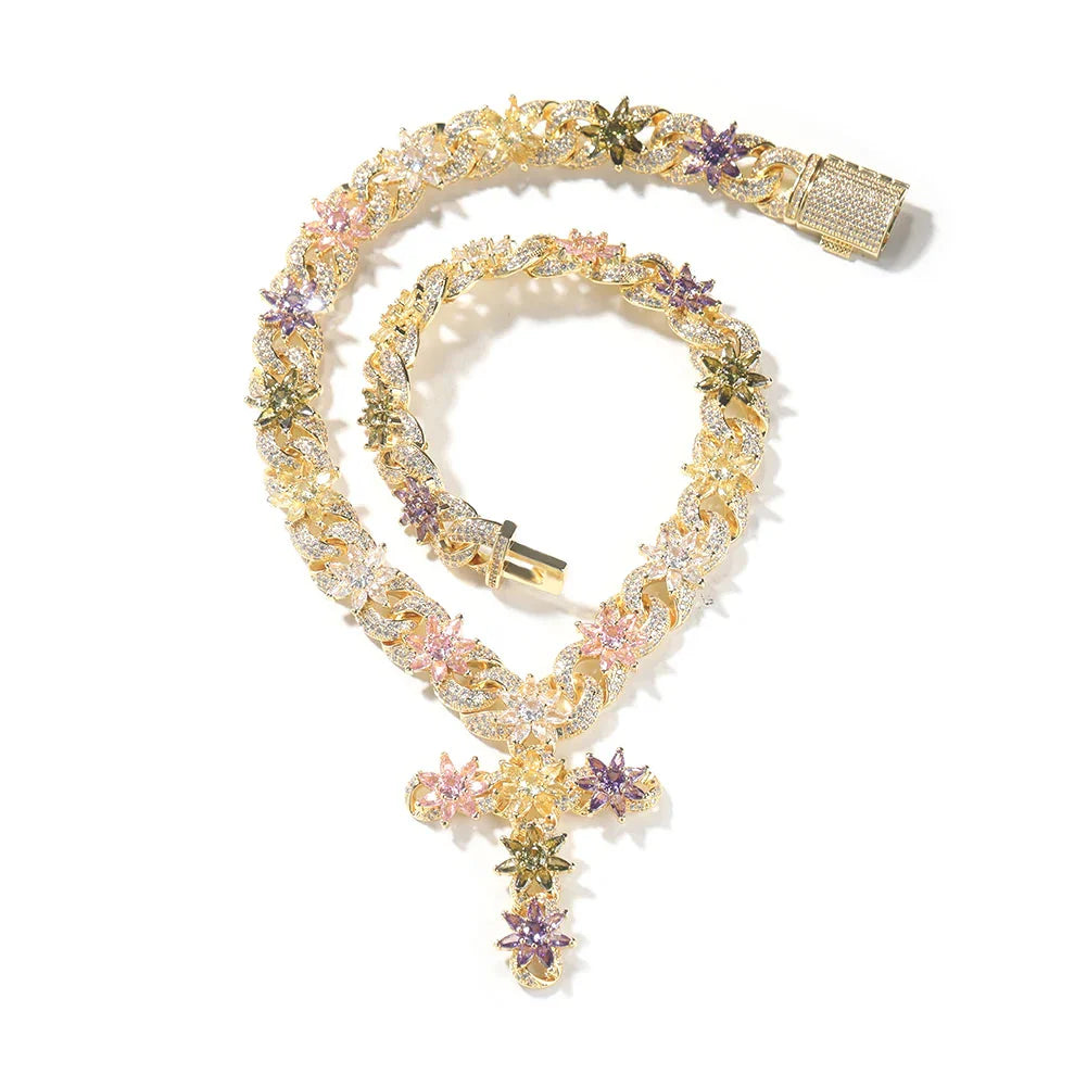 Colorful Flower Cuban Cross Chain