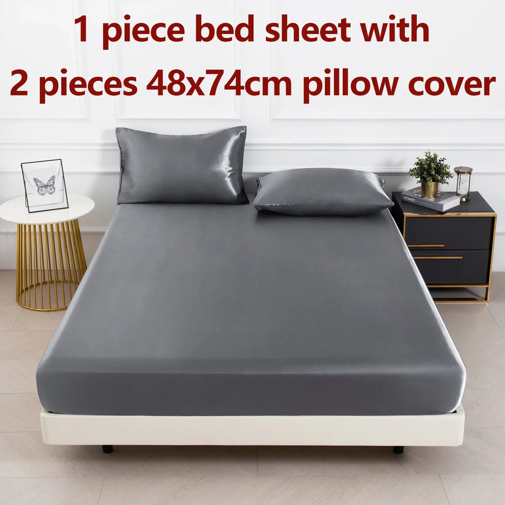 Satin Fitted Sheet Set 3-Piece (1 Fitted Sheet + 2 Pillowcases) Soft Breathable Solid Color Bedding