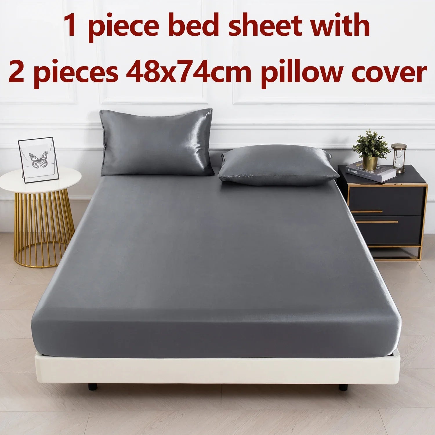 Satin Fitted Sheet Set 3-Piece (1 Fitted Sheet + 2 Pillowcases) Soft Breathable Solid Color Bedding