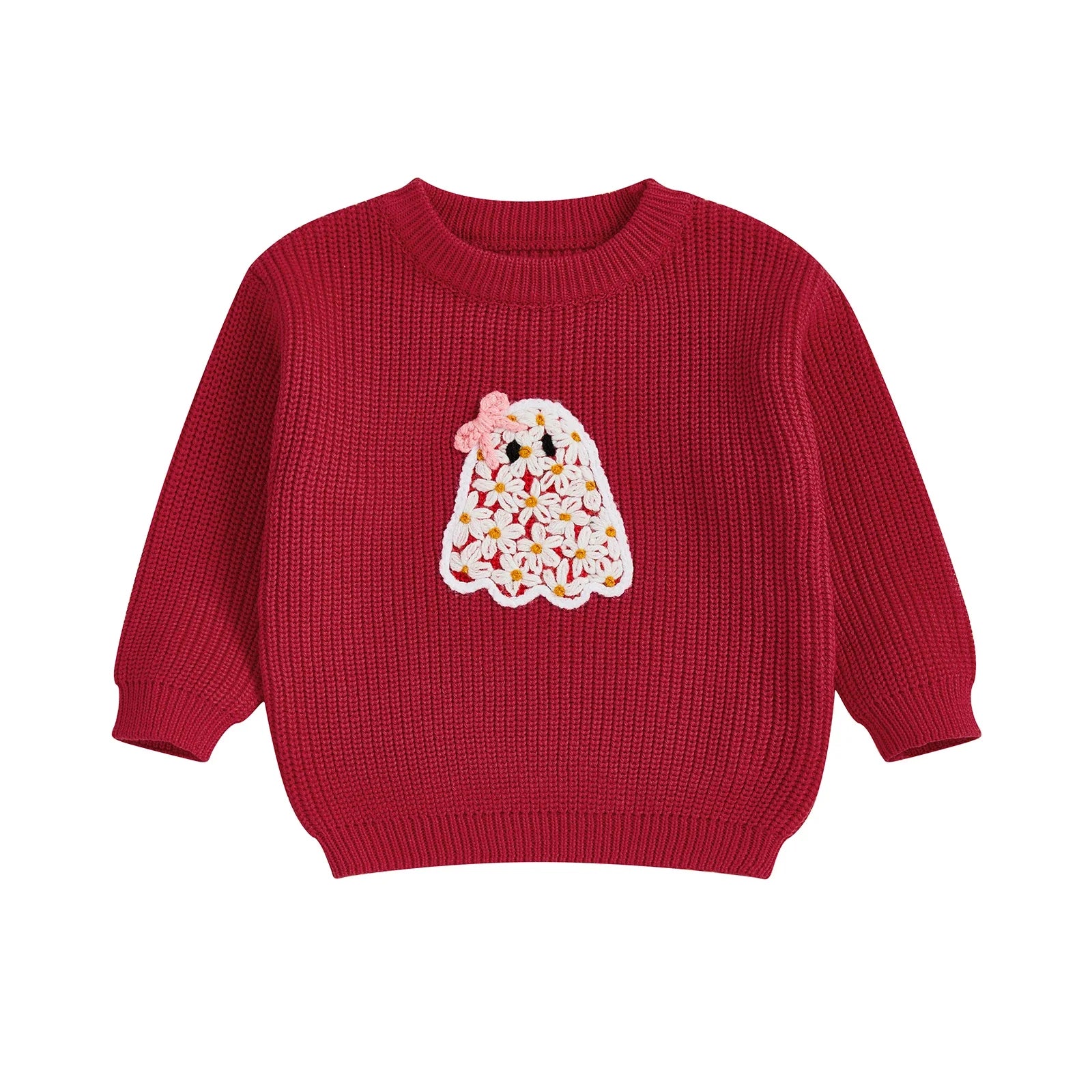 Baby Toddler Kids Girl Halloween Sweater Long Sleeve Round Neck Ghost Flower Embroidery Knit Pullover Top