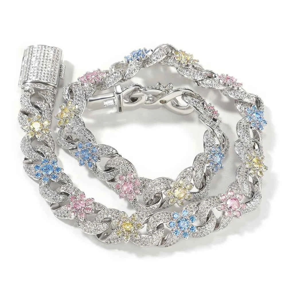 Colorful Flowers Cuban Chain Necklaces Bracelets
