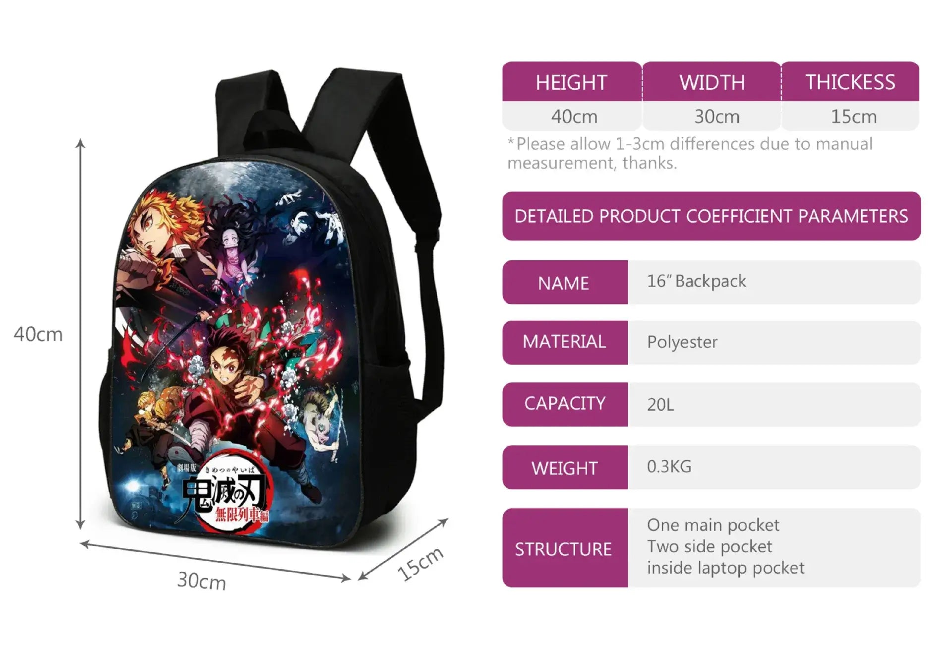 Demon Slayer Backpack: Nezuko 3-Piece Schoolbag Set