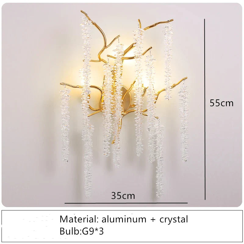 Modern Crystal G9 LED Wall Lights - Cherry Blossoms and Branches Sconce in Gold Aluminum, Designer Art Deco for Parlors, Bedrooms, and Dining Areas