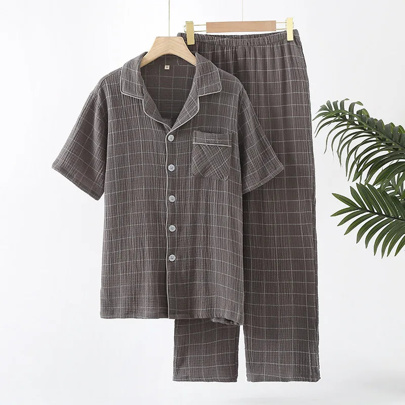 100% Cotton Summer Men Pajamas Japanese style  2 Piece Sleepwear