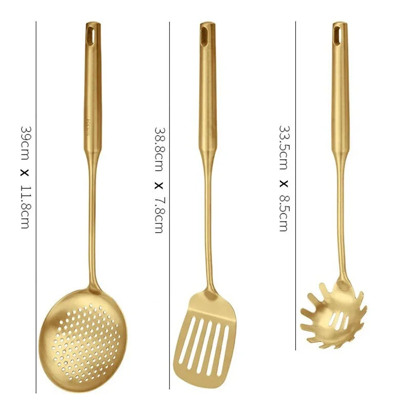 1/7Pcs Stainless Steel Kitchenware - Gold Soup Spoon Noodle Colander Hot Pot Spoon Rice Spoon Kitchen Cooking Frying Tool