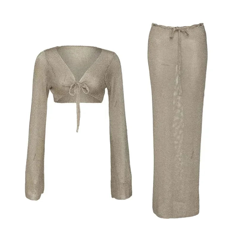 Metallic Gold Tank Top Long Skirt Knit 2 Piece Set