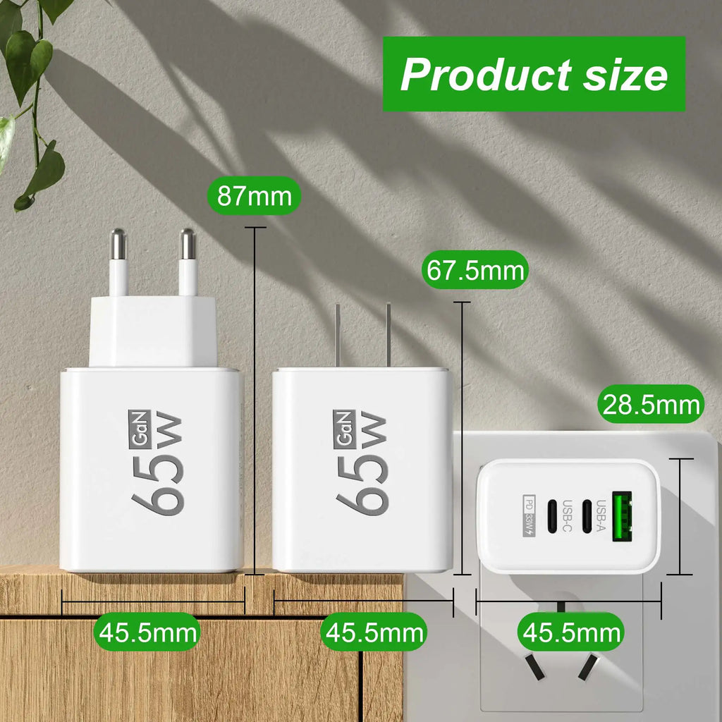 65W GaN USB Fast Charger — Quick Travel Power Adapter for iOS & Android Phones, Tablets & Laptops