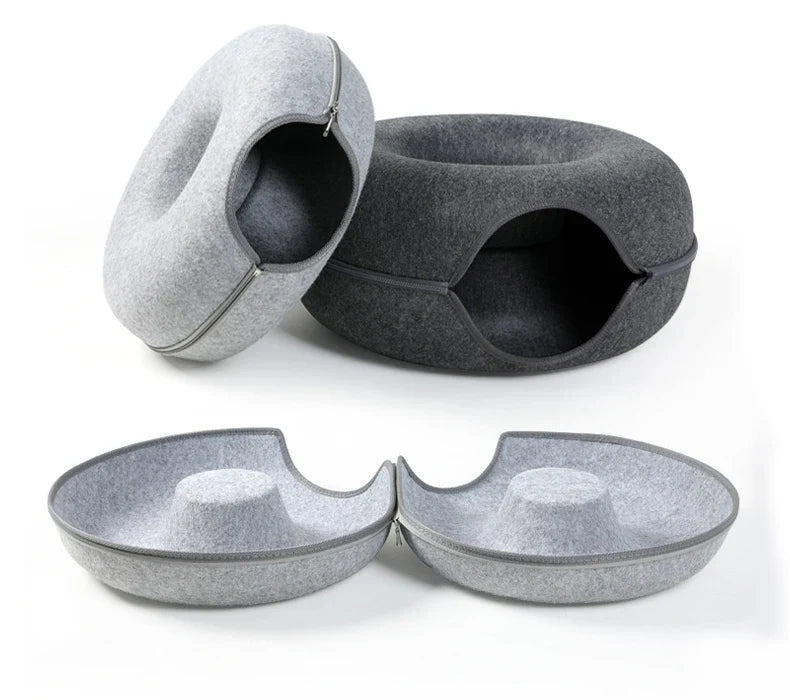 Donut Cat Tunnel Bed Pets House Natural Felt Pet Cat Cave Interactive Toys Round Wool Felt Pet Bed Cat Training Toy Cat House