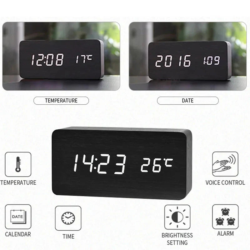 Wooden Digital Alarm Clock, LED Alarm Clock with Temperature
