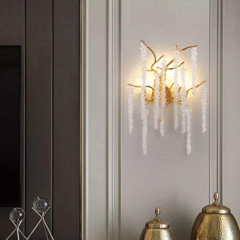Modern Crystal G9 LED Wall Lights - Cherry Blossoms and Branches Sconce in Gold Aluminum, Designer Art Deco for Parlors, Bedrooms, and Dining Areas