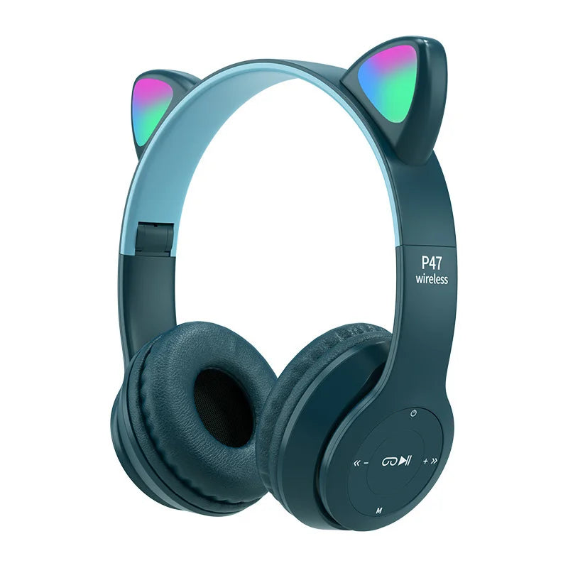 Flash Lamp Cute Cat Ears Headphone Bluetooth5.0 Stereo With Mic Support TF Card Wireless Kids Girl Earphone Birthday Gift