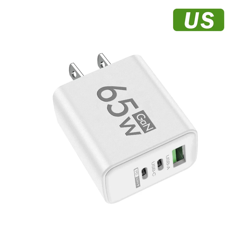 65W GaN USB Fast Charger — Quick Travel Power Adapter for iOS & Android Phones, Tablets & Laptops