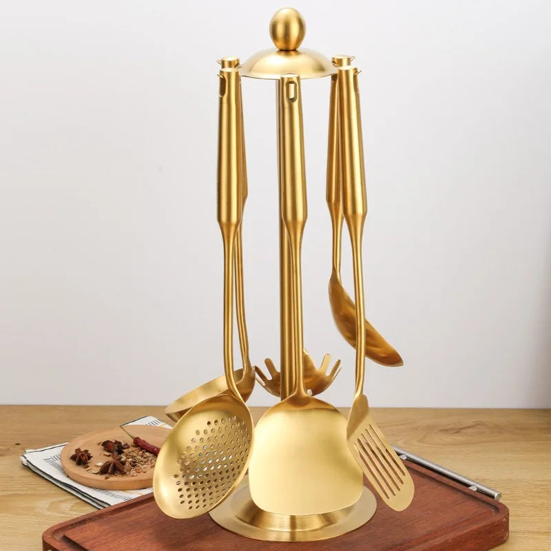 1/7Pcs Stainless Steel Kitchenware - Gold Soup Spoon Noodle Colander Hot Pot Spoon Rice Spoon Kitchen Cooking Frying Tool