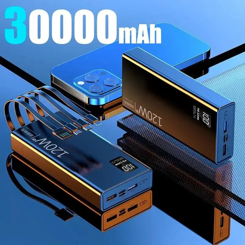 120W 50,000mAh Power Bank with Built-In 4-in-1 Cables — Fast Portable Charger with LED Display