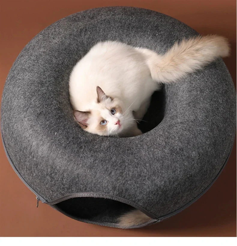 Donut Cat Tunnel Bed Pets House Natural Felt Pet Cat Cave Interactive Toys Round Wool Felt Pet Bed Cat Training Toy Cat House