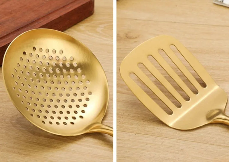 1/7Pcs Stainless Steel Kitchenware - Gold Soup Spoon Noodle Colander Hot Pot Spoon Rice Spoon Kitchen Cooking Frying Tool