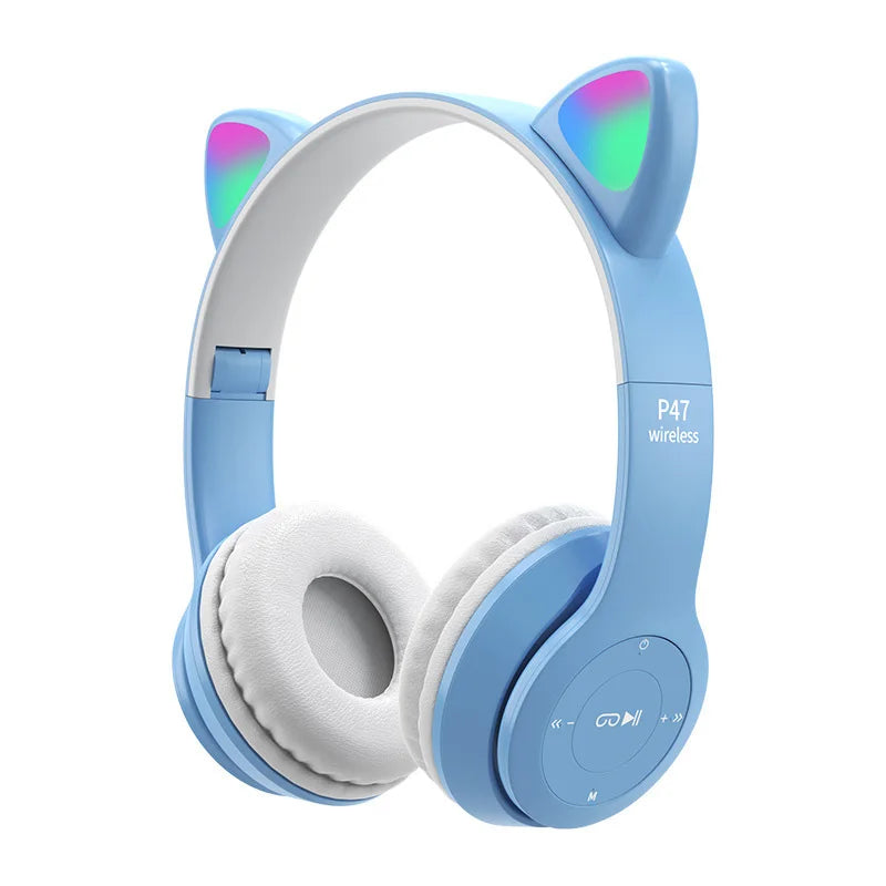 Flash Lamp Cute Cat Ears Headphone Bluetooth5.0 Stereo With Mic Support TF Card Wireless Kids Girl Earphone Birthday Gift