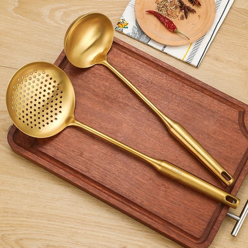 1/7Pcs Stainless Steel Kitchenware - Gold Soup Spoon Noodle Colander Hot Pot Spoon Rice Spoon Kitchen Cooking Frying Tool