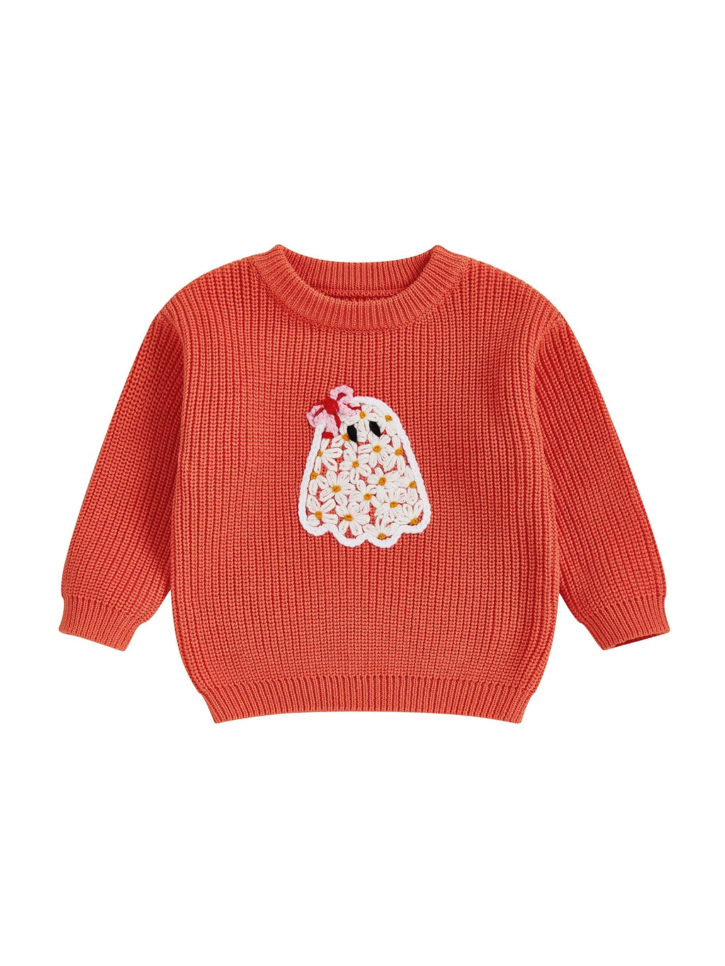 Baby Toddler Kids Girl Halloween Sweater Long Sleeve Round Neck Ghost Flower Embroidery Knit Pullover Top