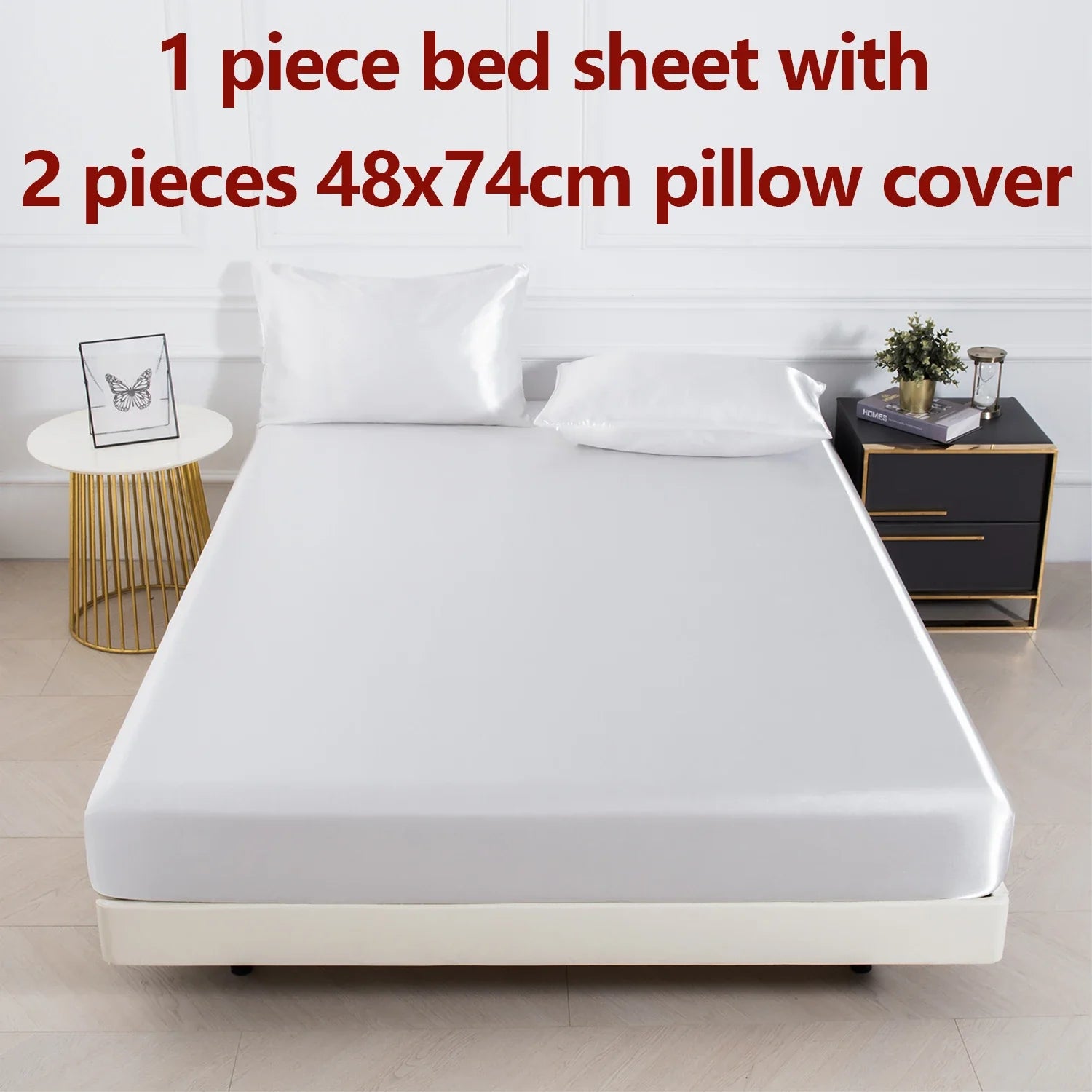 Satin Fitted Sheet Set 3-Piece (1 Fitted Sheet + 2 Pillowcases) Soft Breathable Solid Color Bedding