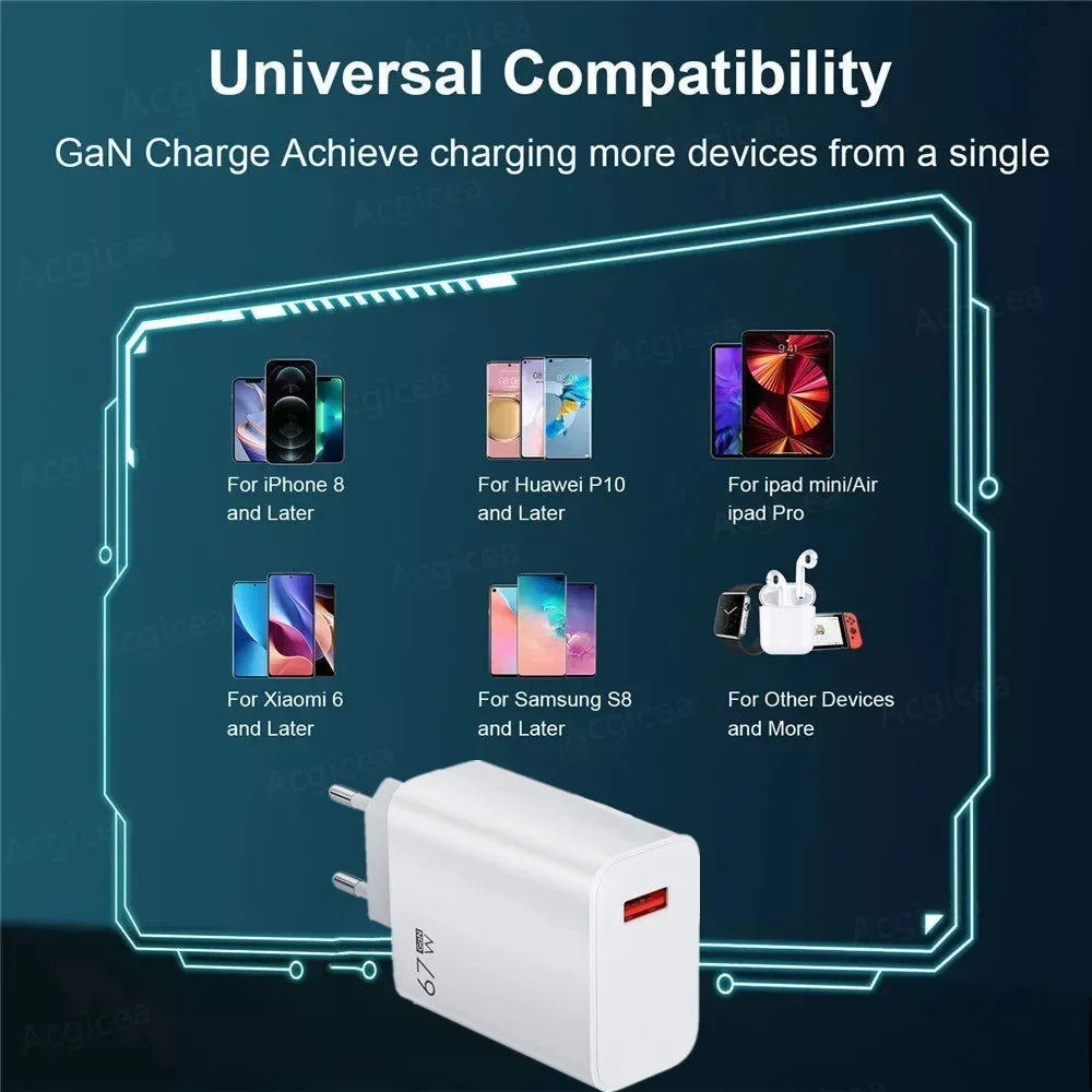 67W USB GaN Fast Charger - High-Speed Portable Wall Adapter with USB-C & USB-A Quick Charge for Smartphones