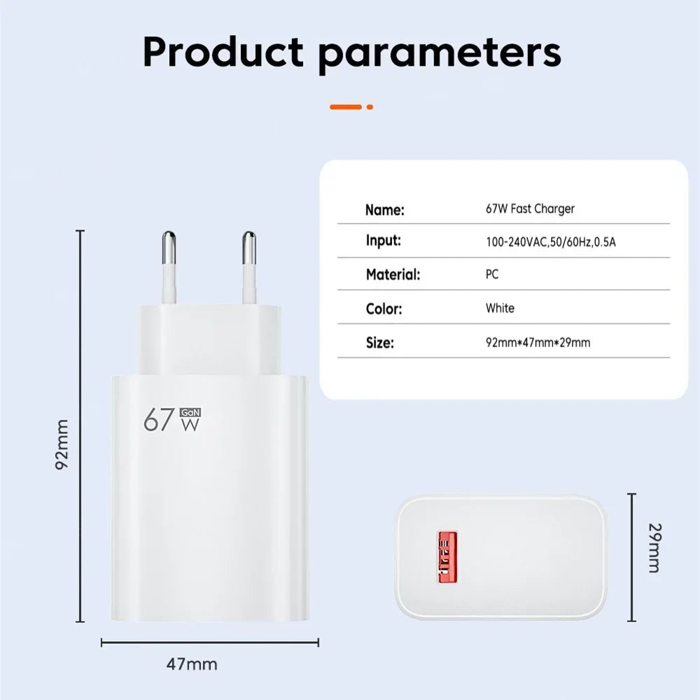 67W USB GaN Fast Charger - High-Speed Portable Wall Adapter with USB-C & USB-A Quick Charge for Smartphones