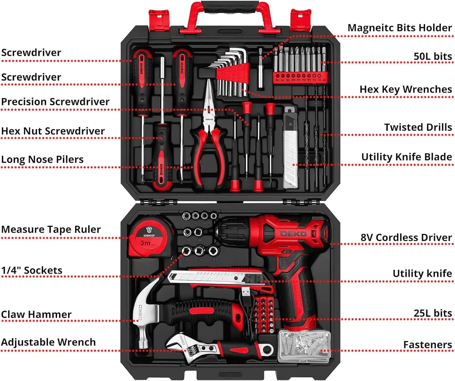 126-Piece 8V Cordless Drill Tool Kit – Lightweight Red Home DIY Set with Drill Bits & Hand Tools