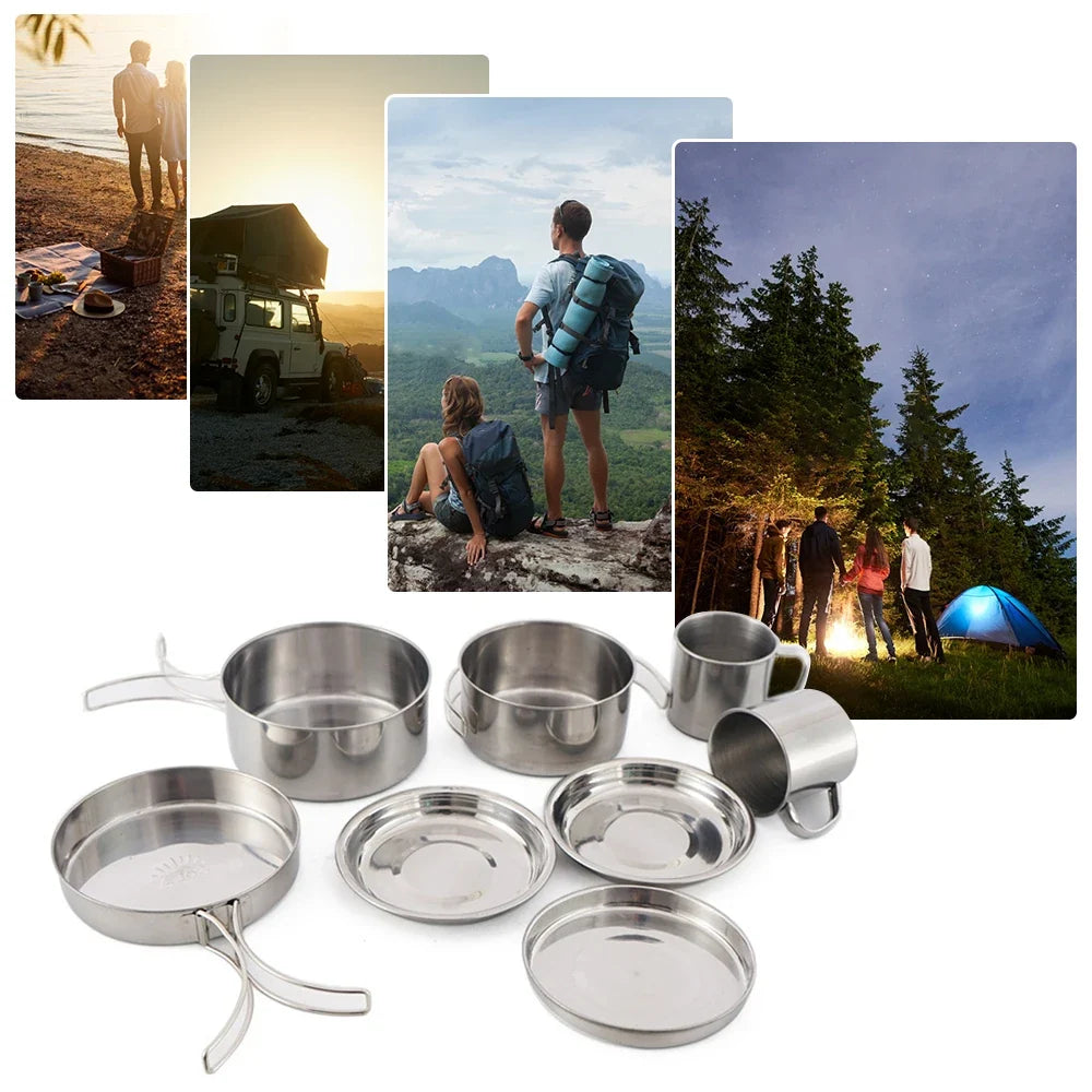 8pcs/set Camping Cookware Mess Kit Stainless Steel Cooking Pot and Pan