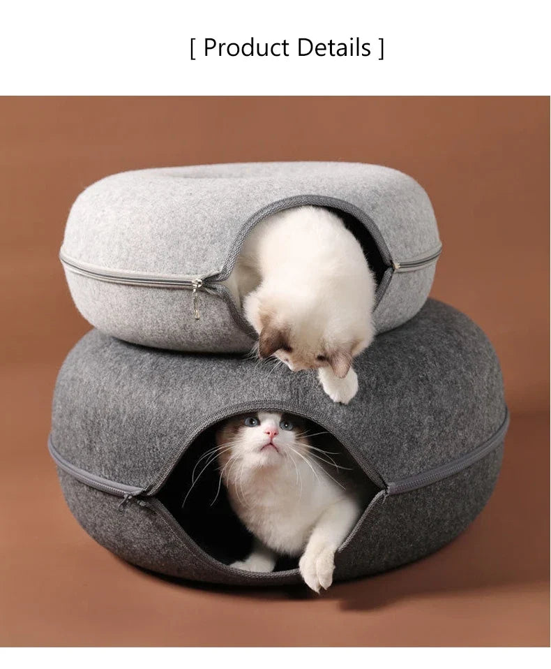 Donut Cat Tunnel Bed Pets House Natural Felt Pet Cat Cave Interactive Toys Round Wool Felt Pet Bed Cat Training Toy Cat House