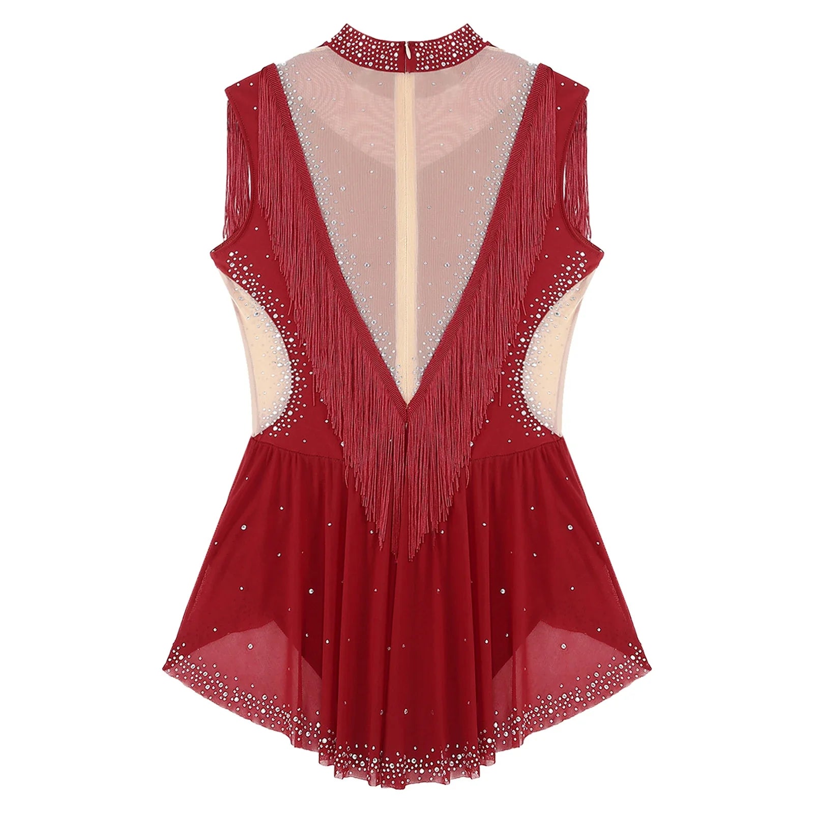 Rhinestone Mock Neck Mesh Tassel Leotard