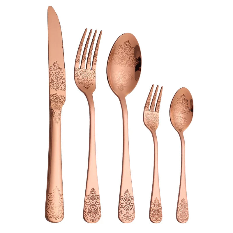 5Pcs Cutlery Set Stainless Steel Tableware Carving Golden Dinnerware