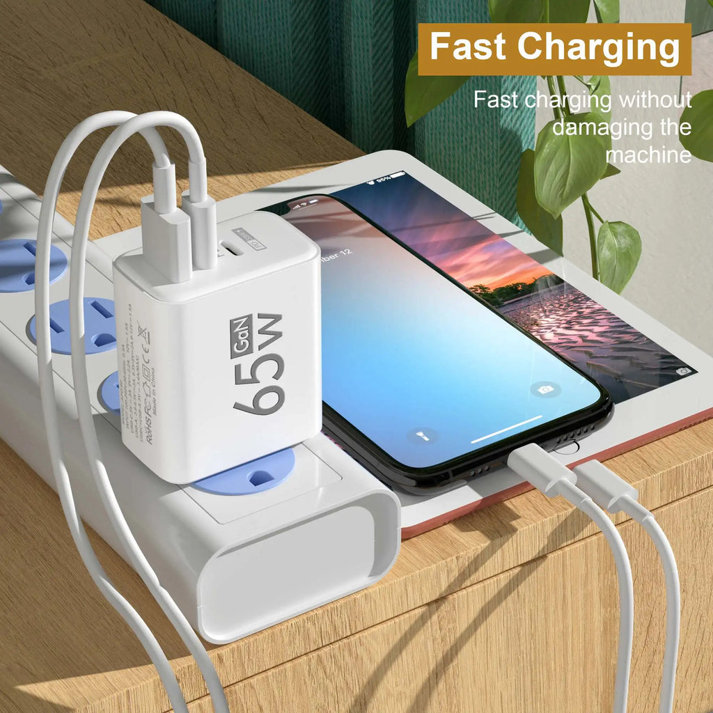 65W GaN USB Fast Charger — Quick Travel Power Adapter for iOS & Android Phones, Tablets & Laptops