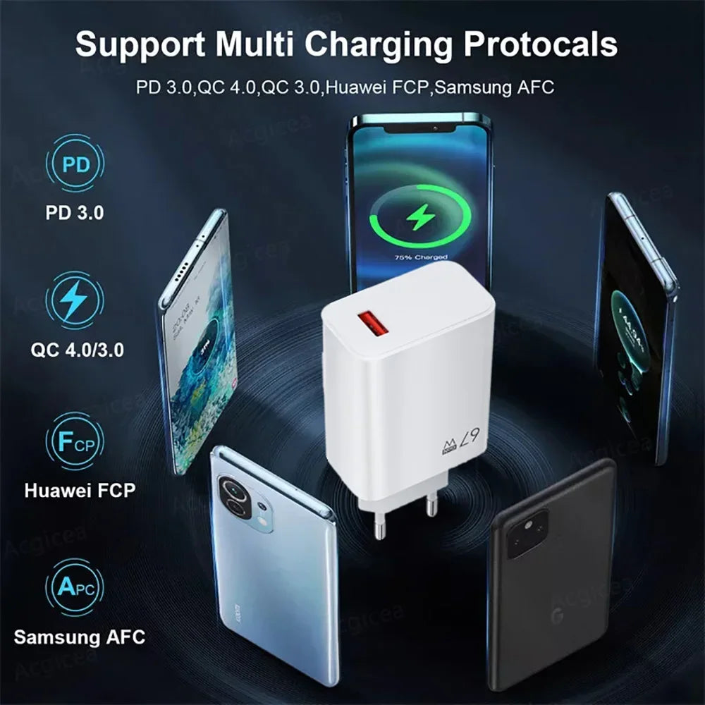 67W USB GaN Fast Charger - High-Speed Portable Wall Adapter with USB-C & USB-A Quick Charge for Smartphones