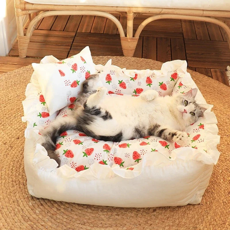 Pet Dog Lace Bed Cat Bed Cute Puppy Square Sleeping Cushion Bed Cat Sofa Warming Dog Nest with Pillow Washable Pet Bed S~L