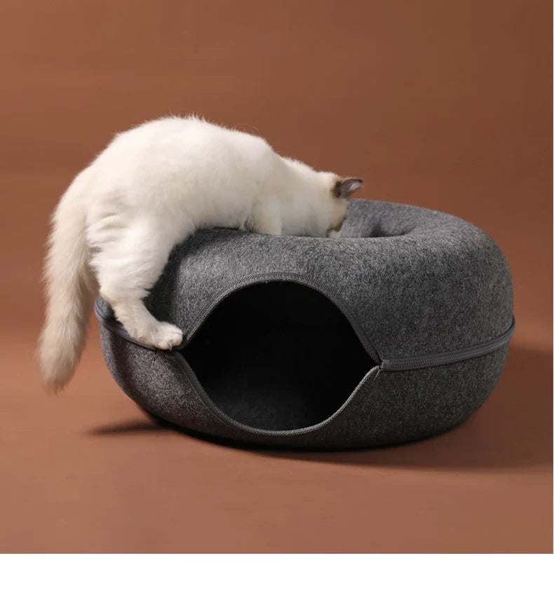 Donut Cat Tunnel Bed Pets House Natural Felt Pet Cat Cave Interactive Toys Round Wool Felt Pet Bed Cat Training Toy Cat House