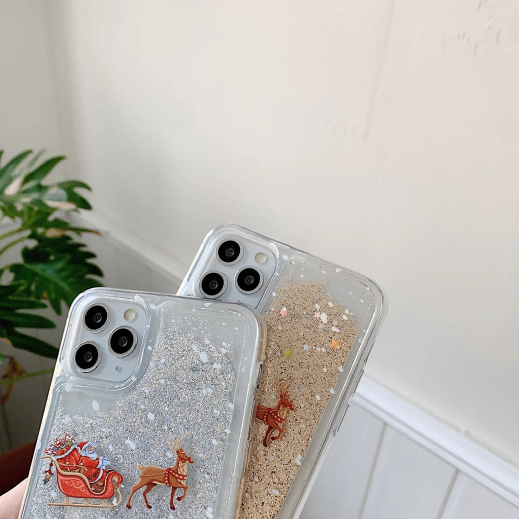 Christmas Liquid Dynamic Quicksand Glitter Phone Case For 16 Pro 15 Pro Max 3D Bling TPU Silicone Shockproof Cover