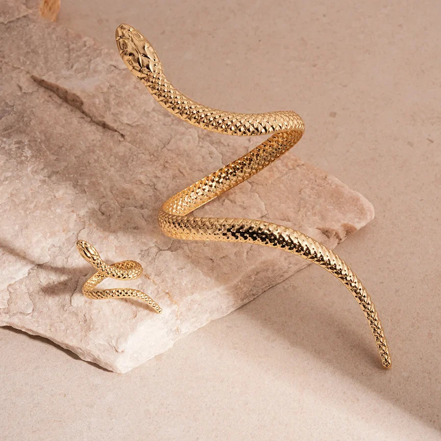 2025 New Arrival Snake Shaped Cuff Bracelet Ring Set for Women Exaggerated Metal Unique Design Bracelet Fashion Jewelry Set
